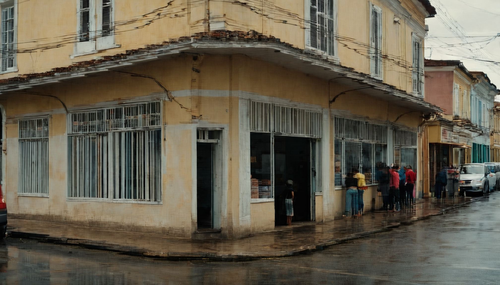 Fila diante de padaria com prateleiras vazias sob chuva