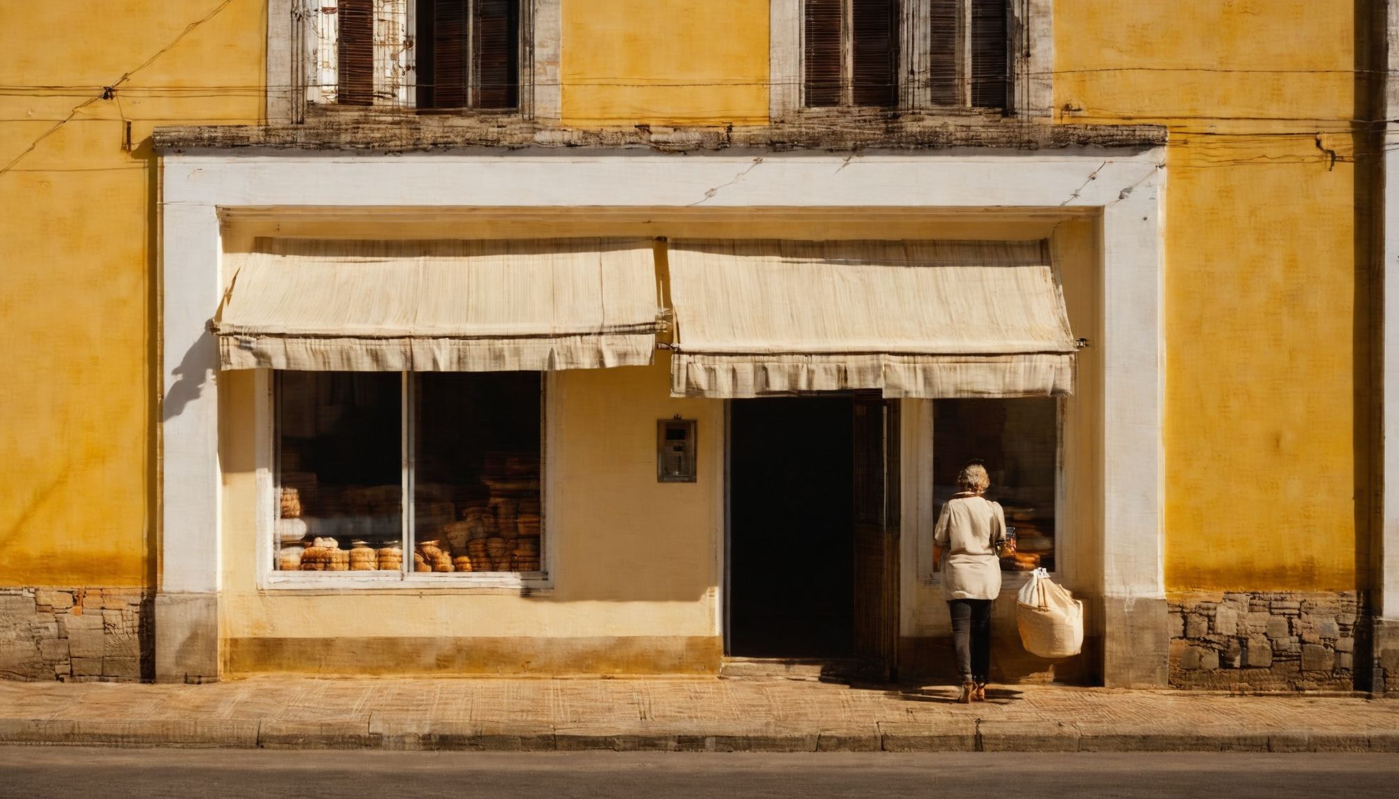 Padaria com prateleiras cheias em manhã ensolarada